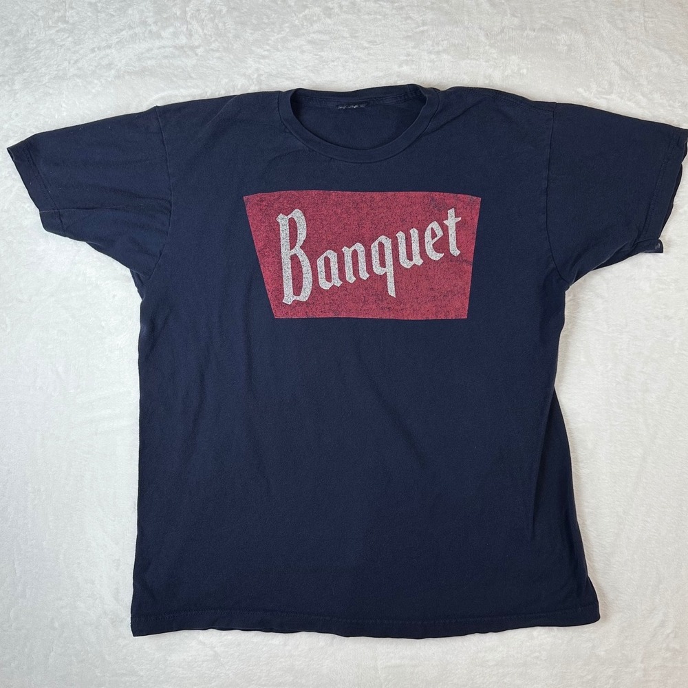 Coors Banquet Beer Graphic T-Shirt Navy Blue Distressed Logo Mens XL 22x26
